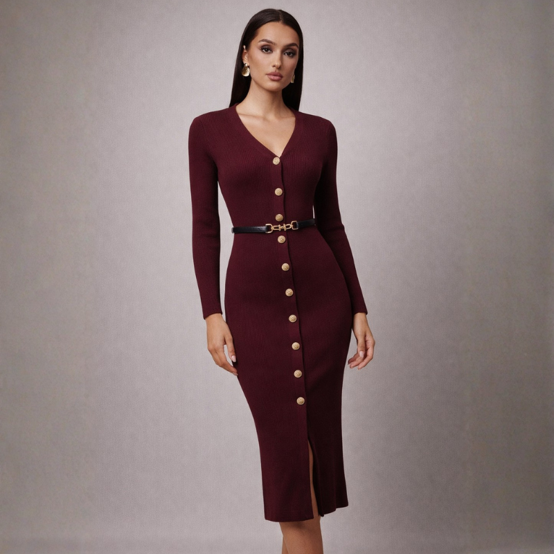 Women's burgundy knit dress detail view — chic — Audrey Sweater Dress — Oscar Blackwood