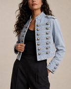 Women's denim jacket front view — outerwear — Alexandra Military Jacket — Oscar Blackwood