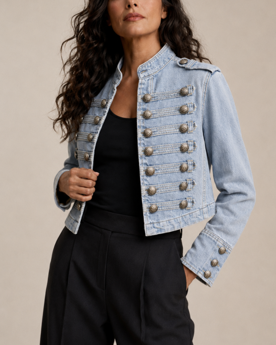 Women's denim jacket front view — outerwear — Alexandra Military Jacket — Oscar Blackwood