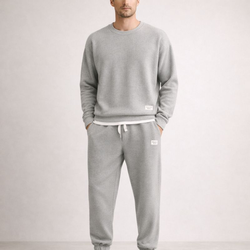 Men's light-gray cotton pants back view — versatile — Eric Waffle 2 Piece Set — Oscar Blackwood