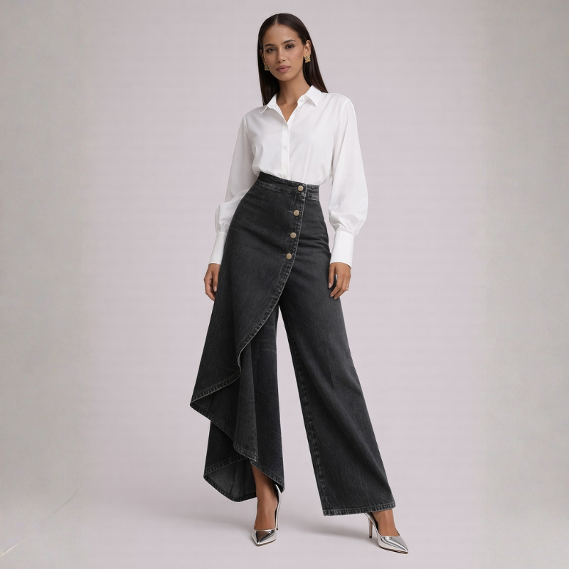 Women's black lace skirt detail view — chic — Becca Denim Skirt Pants — Oscar Blackwood