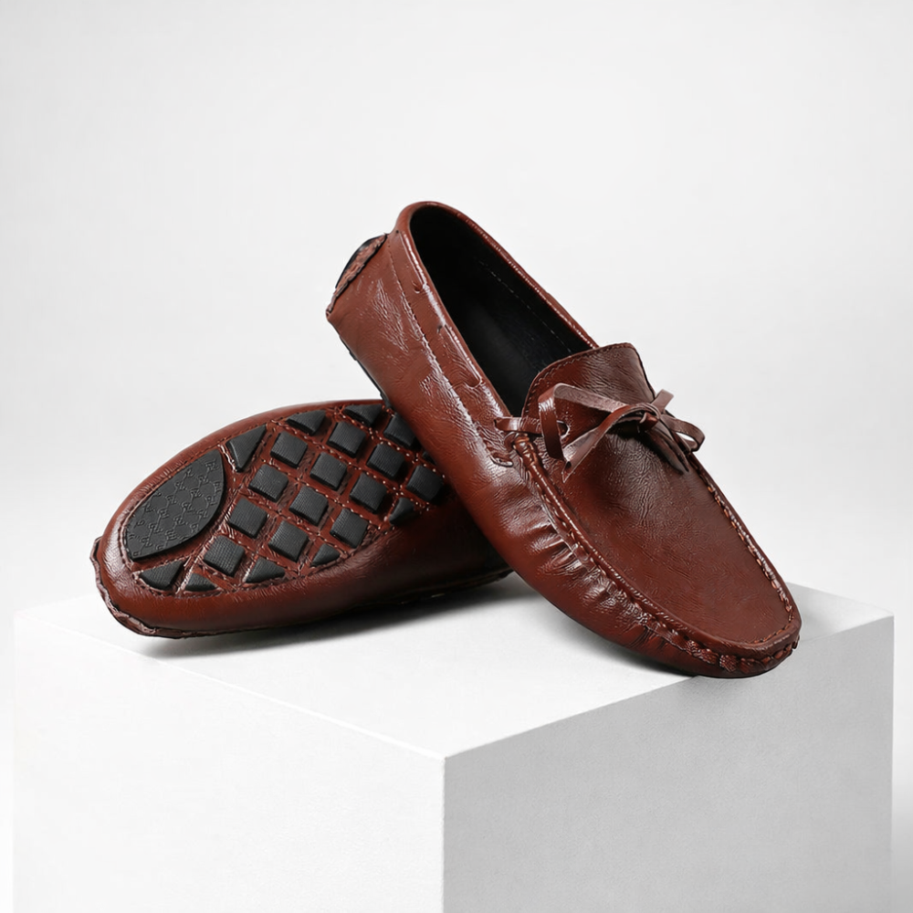 Men's brown leather shoes side view — versatile — Gregory Leather Golf Moccasins — Oscar Blackwood