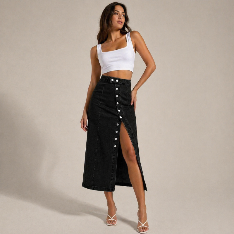 Women's denim skirt styled look — chic — Dea Bella Denim Skirt — Oscar Blackwood