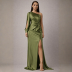 Women's army-green satin dress color detail — chic — Eleanor Slit Maxi Dress — Oscar Blackwood