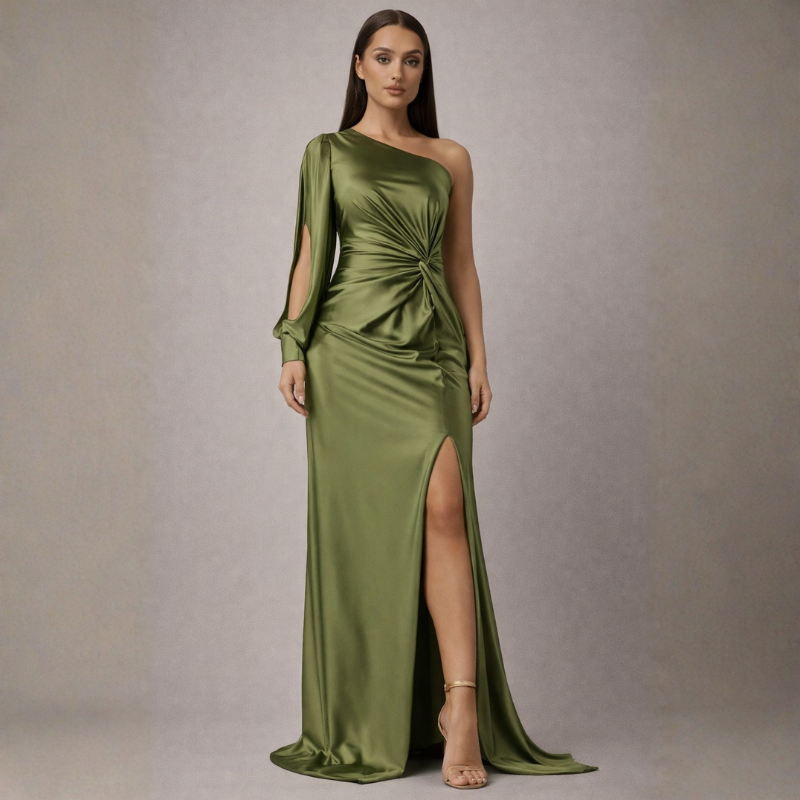 Women's army-green satin dress color detail — chic — Eleanor Slit Maxi Dress — Oscar Blackwood