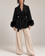 Women's black jacket detail view — outerwear — Fiorella Faux Fur Sleeve Coat — Oscar Blackwood