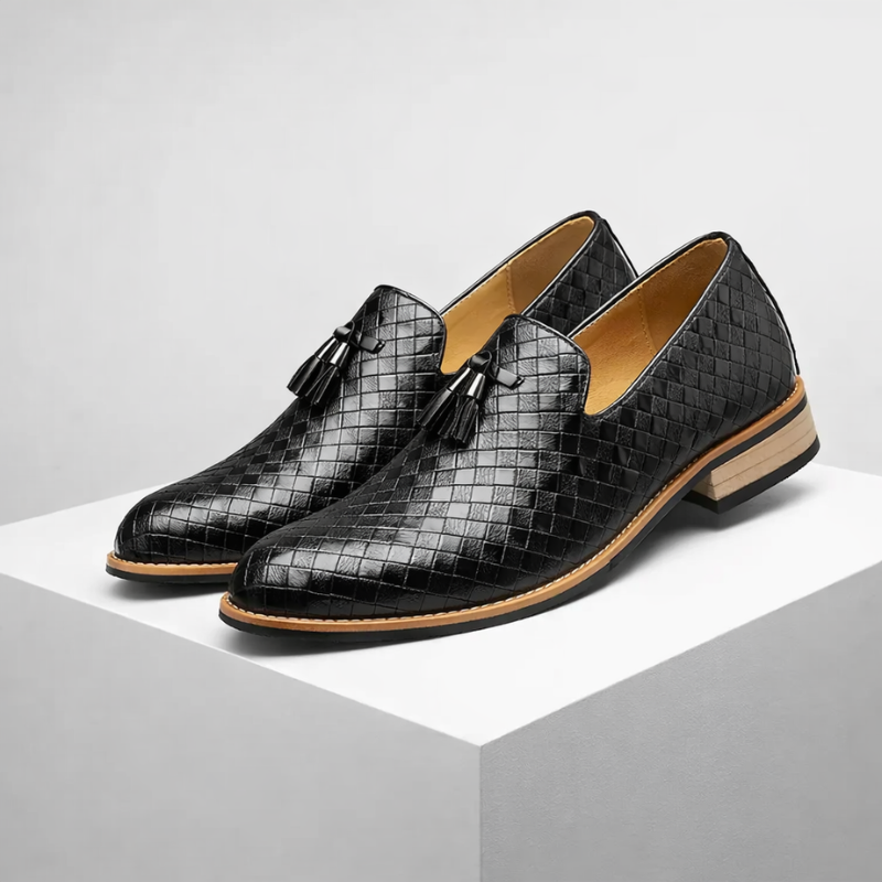 Men's woven loafers front view — versatile — Ludo Weave Leather Loafers — Oscar Blackwood