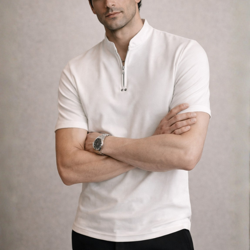 Men's tan cotton noah detail view — versatile — Noah Stand Collar T-Shirt — Oscar Blackwood