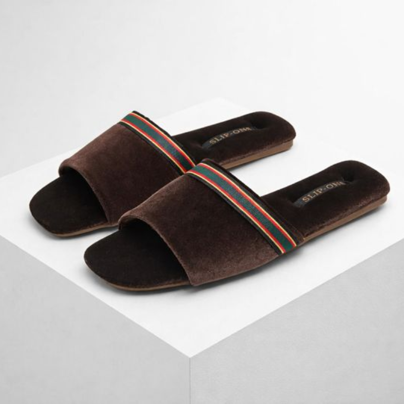 Women's brown velvet shoes styled look — versatile — Spin-ons Open Toe Slippers — Oscar Blackwood