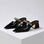 Women's black heels side view — elegant — Cassandra Pointed Toe Chain Mules — Oscar Blackwood