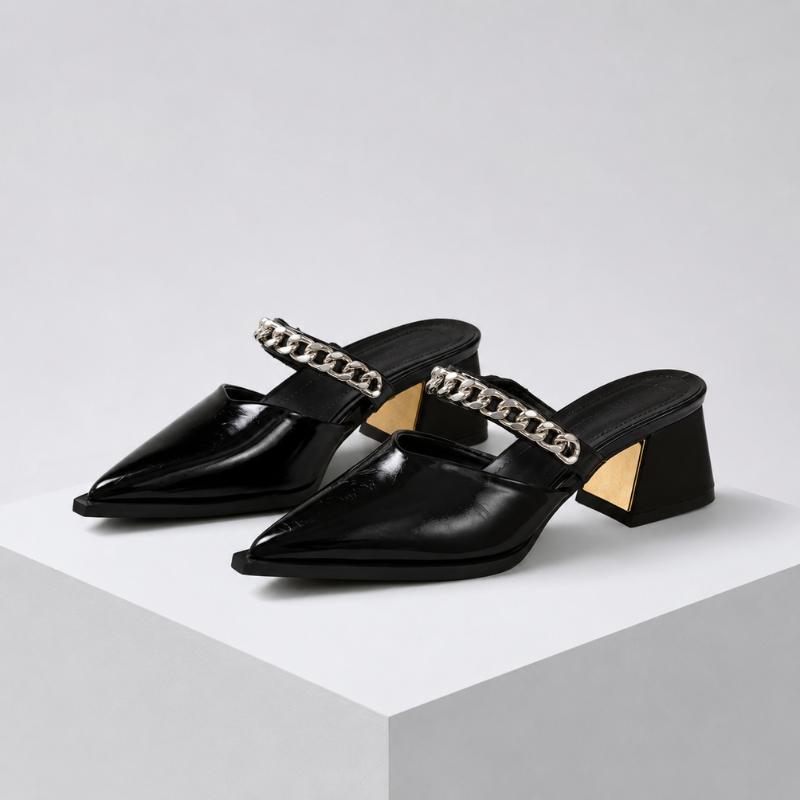 Women's black heels side view — elegant — Cassandra Pointed Toe Chain Mules — Oscar Blackwood