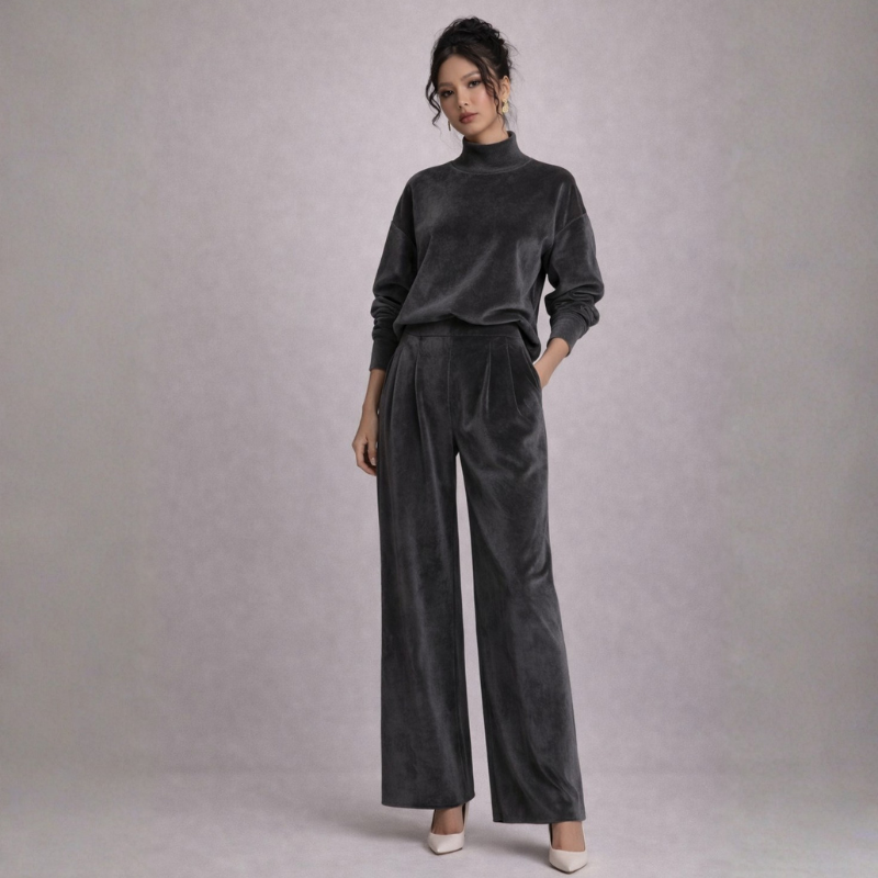 Women's gray velvet pants front view — versatile — Shona Velvet 2 Piece Set — Oscar Blackwood