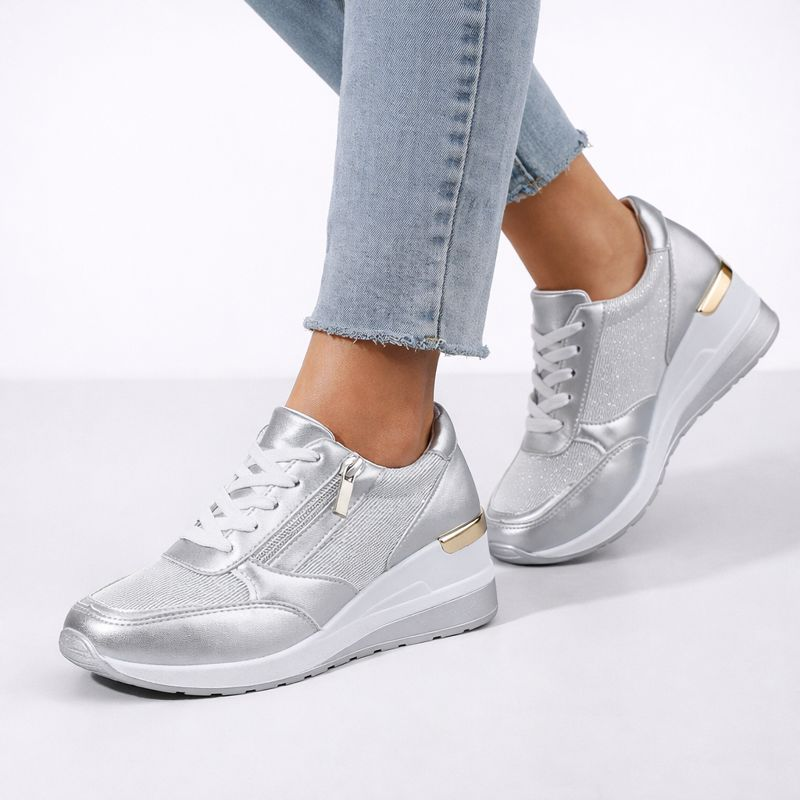 Women's silver lace sneakers detail view — casual — Bailey Wedge Heel Sneakers — Oscar Blackwood