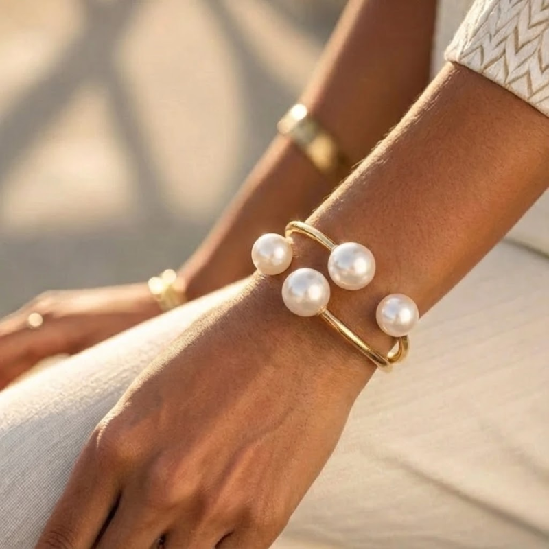 Women's gold lace jewelry alternate angle — versatile — Aura Double Pearl Bangle — Oscar Blackwood