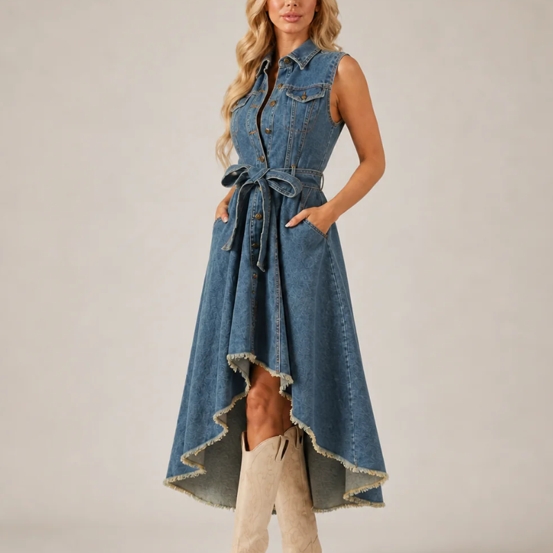 Women's denim dress side view — chic — Loretta Denim Dress for every occasion — Oscar Blackwood