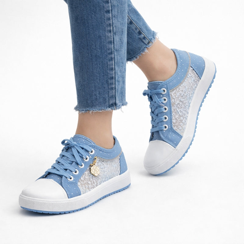 Women's lace sneakers front view — casual — Stacy Denim Lace Sneakers — Oscar Blackwood
