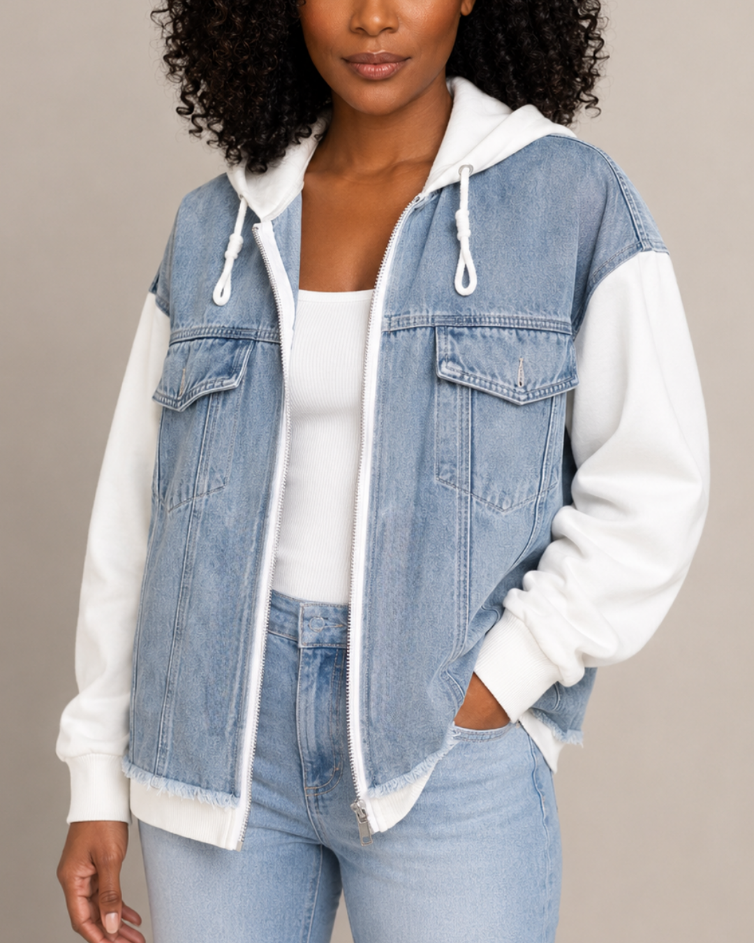 Women's denim sweater styled look — cozy — Denihood Hoodie for every occasion — Oscar Blackwood