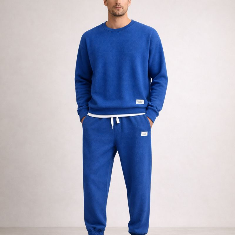 Men's blue cotton pants close-up — versatile — Eric Waffle 2 Piece Set — Oscar Blackwood