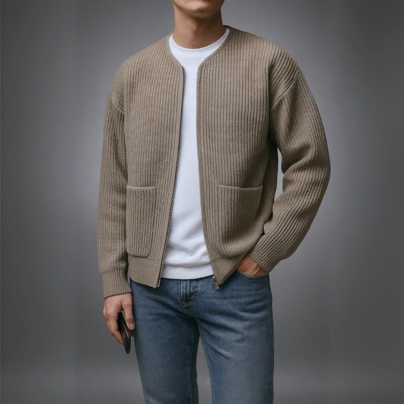 Men's khaki ribbed cardigan front view — cozy — Oliver Knit Zip Cardigan — Oscar Blackwood