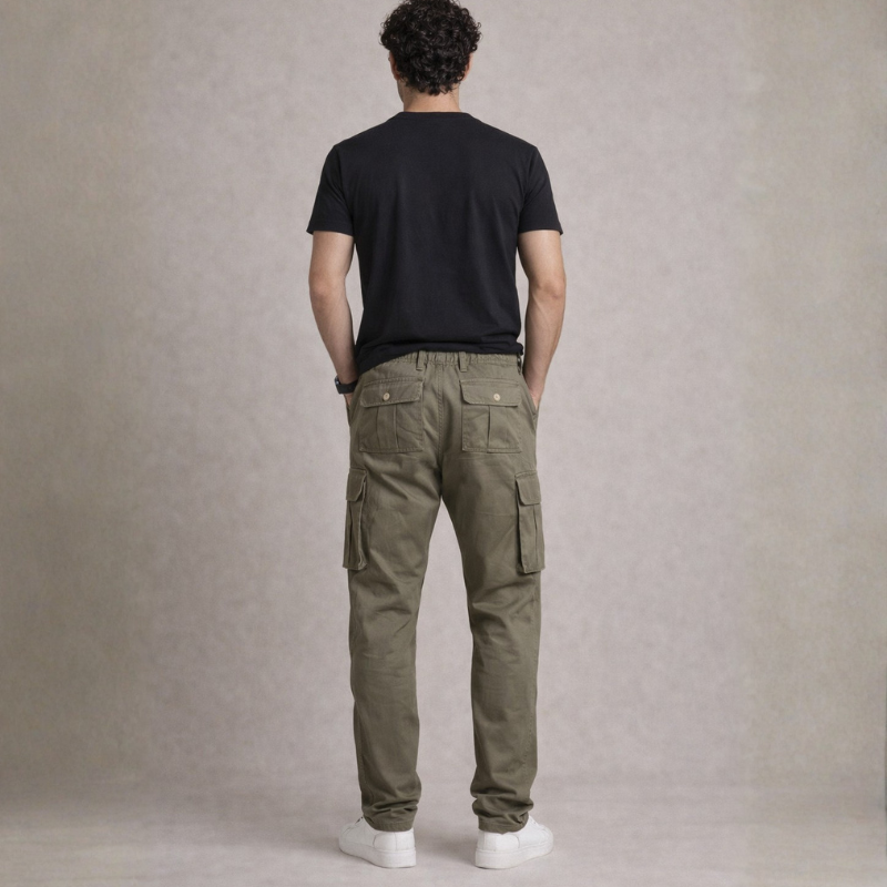 Men's tan cotton pants detail view — versatile — Stanley Cargo Pants — Oscar Blackwood