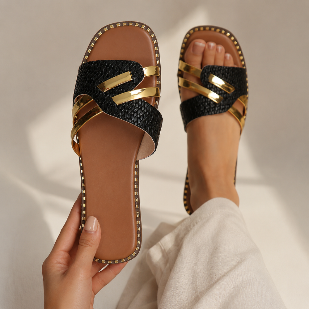 Women's woven sandals close-up — summer — Eleni Slide Sandals for every occasion — Oscar Blackwood