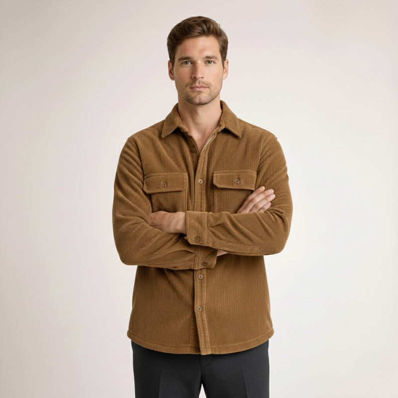 Men's khaki cotton vanderbilt close-up — versatile — Vanderbilt Corduroy Shirt — Oscar Blackwood