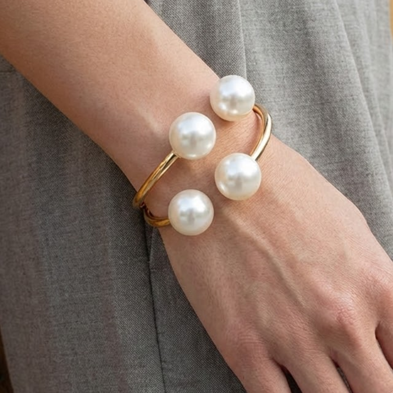 Women's gold lace jewelry side view — versatile — Aura Double Pearl Bangle — Oscar Blackwood