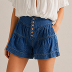 Women's blue cotton candice detail view — summer — Candice Ruffle Shorts — Oscar Blackwood