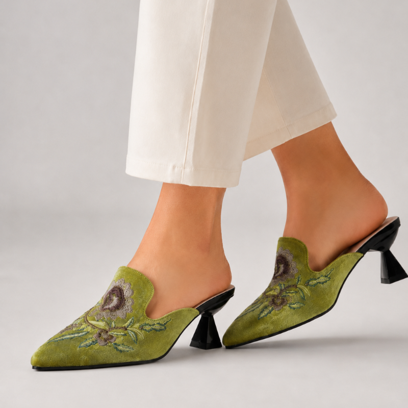 Women's red floral heels styled look — elegant — Harriet Embroidered Pointed Mules — Oscar Blackwood