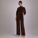 Women's brown velvet pants side view — versatile — Shona Velvet 2 Piece Set — Oscar Blackwood