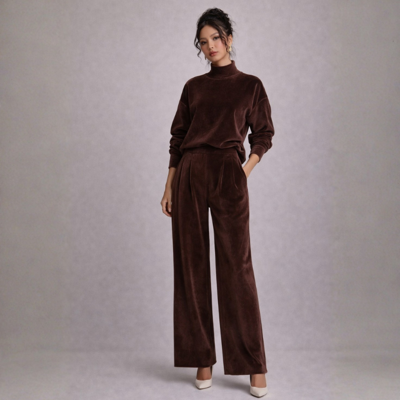 Women's brown velvet pants side view — versatile — Shona Velvet 2 Piece Set — Oscar Blackwood