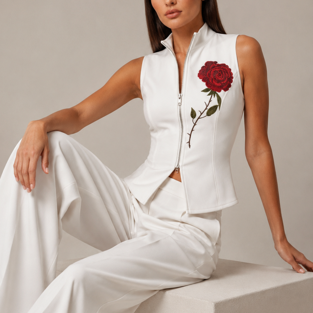 Women's floral rosalia close-up — versatile — Rosalia Zipper Vest — Oscar Blackwood