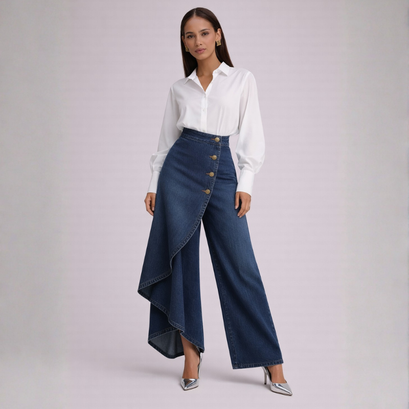 Women's blue lace skirt front view — chic — Becca Denim Skirt Pants — Oscar Blackwood