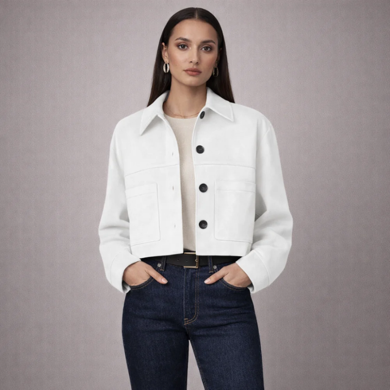 Women's white suede jacket close-up — outerwear — Marissa Suede Crop Jacket — Oscar Blackwood