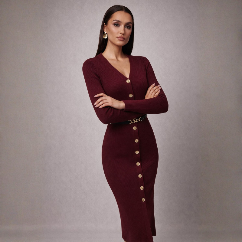 Women's knit dress side view — chic — Audrey Sweater Dress for every occasion — Oscar Blackwood