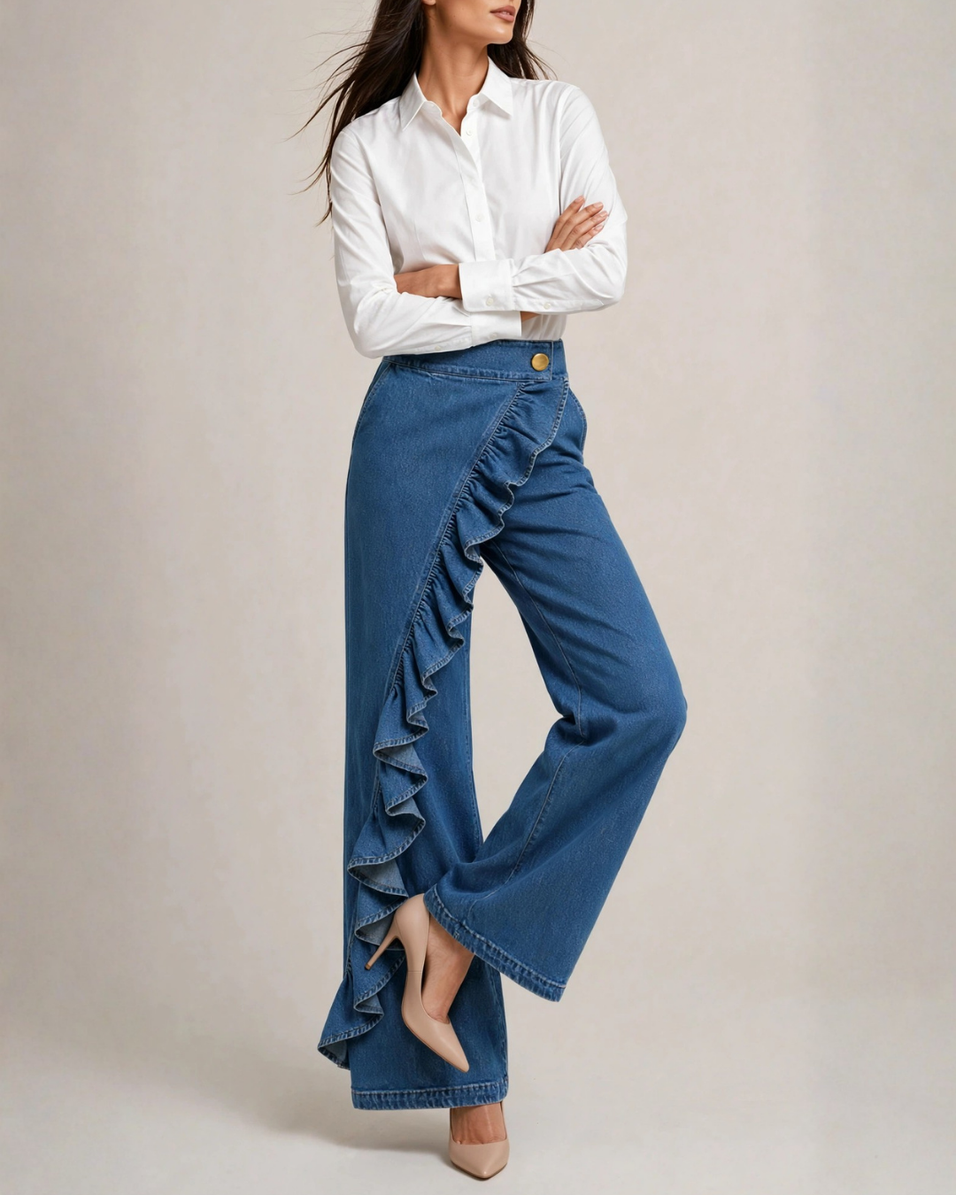 Women's denim skirt styled look — chic — Lexa Denim Skirt Pants — Oscar Blackwood