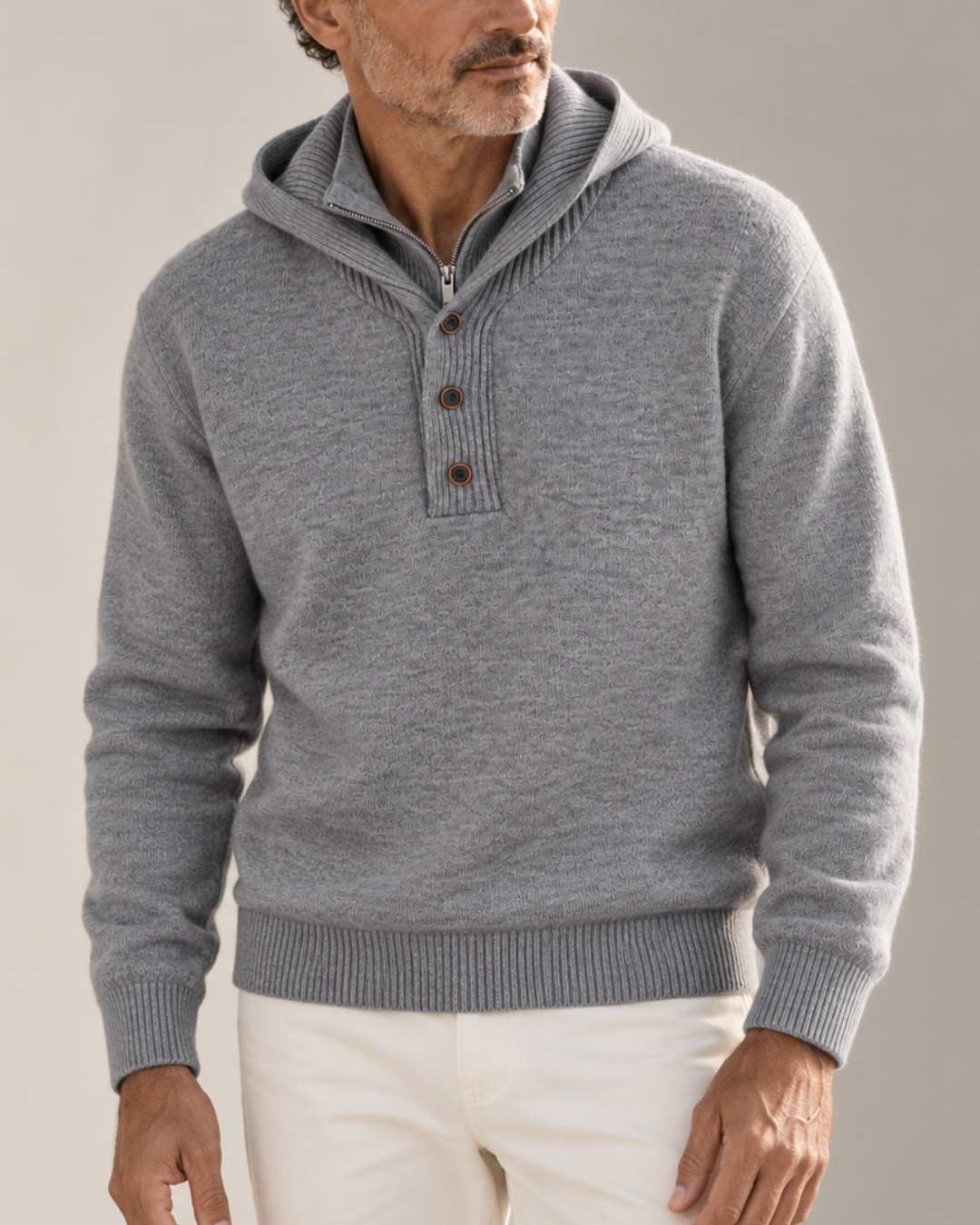 Unisex gray ribbed sweater front view — cozy — Philip Hooded Turtleneck Sweater — Oscar Blackwood