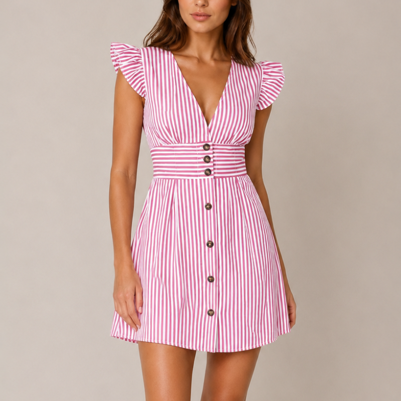 Women's pink striped dress detail view — summer — Bianca Striped Mini Dress — Oscar Blackwood