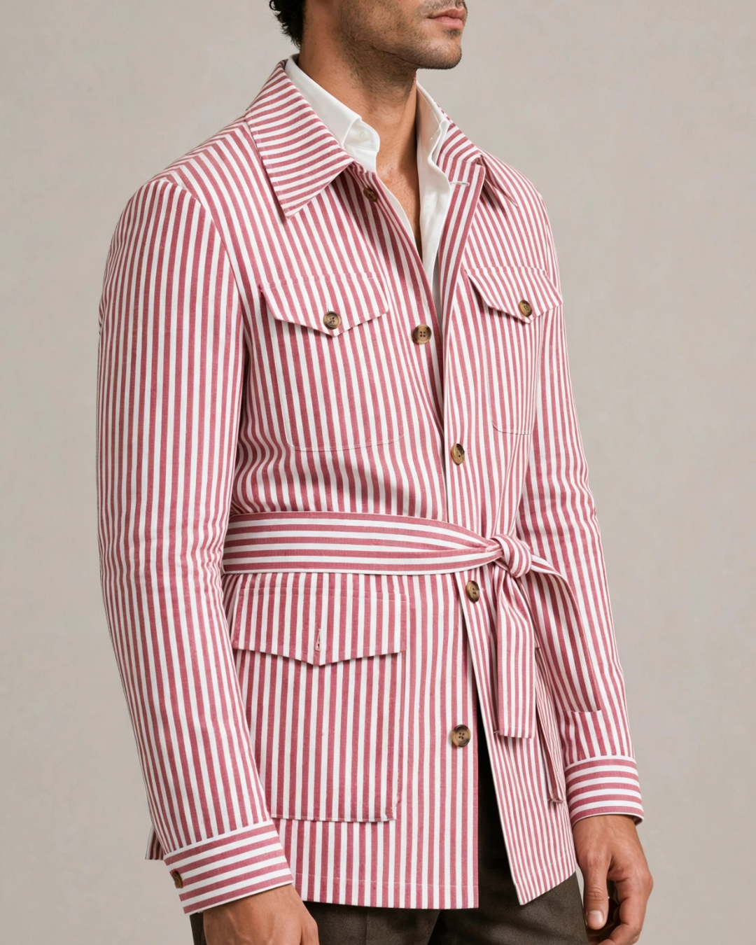 Men's striped jacket close-up — outerwear — Leo Vanderbilt Jacket — Oscar Blackwood