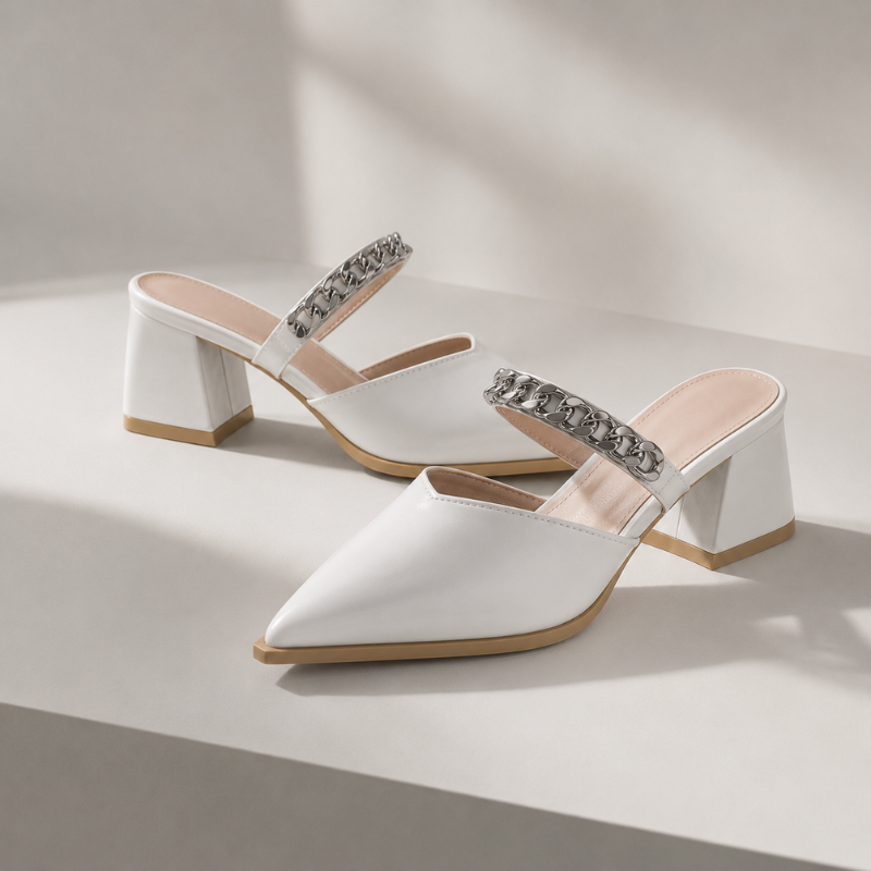Women's heels back view — elegant — Cassandra Pointed Toe Chain Mules — Oscar Blackwood