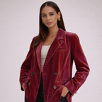 Women's red velvet jacket side view — outerwear — Rony Velvet Jacket — Oscar Blackwood