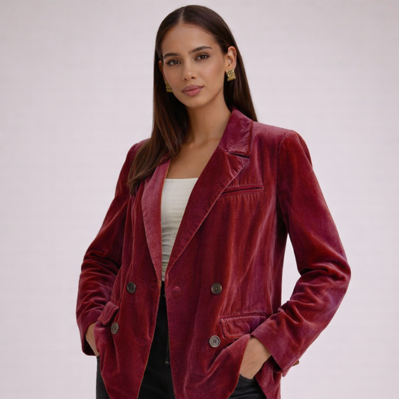 Women's red velvet jacket side view — outerwear — Rony Velvet Jacket — Oscar Blackwood
