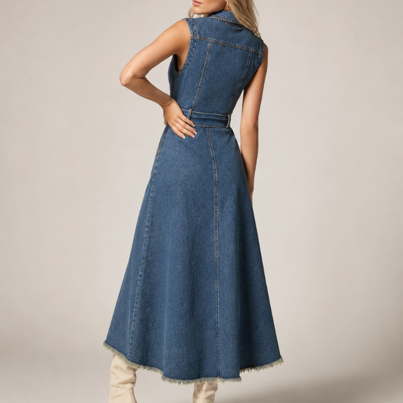 Women's denim dress detail view — chic — Loretta Denim Dress for every occasion — Oscar Blackwood