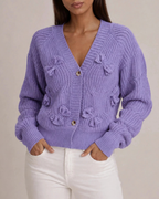 Women's purple ribbed cardigan alternate angle — cozy — Romina Bow Knit Cardigan — Oscar Blackwood