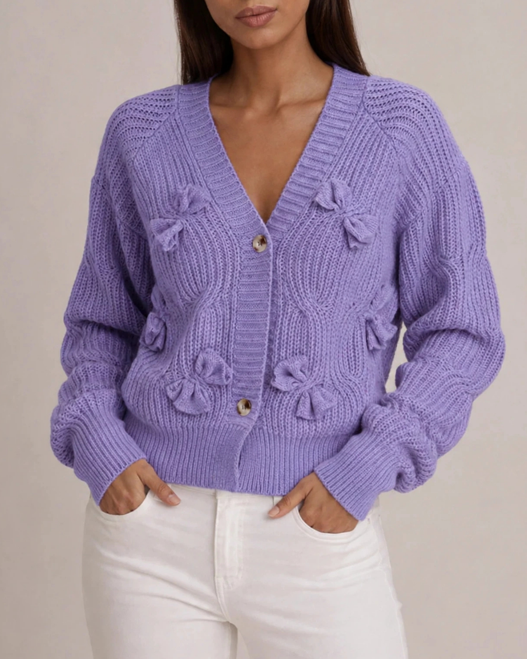 Women's purple ribbed cardigan alternate angle — cozy — Romina Bow Knit Cardigan — Oscar Blackwood