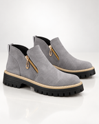 Women's gray suede boots side view — rugged — Angelina Ankle Boots — Oscar Blackwood