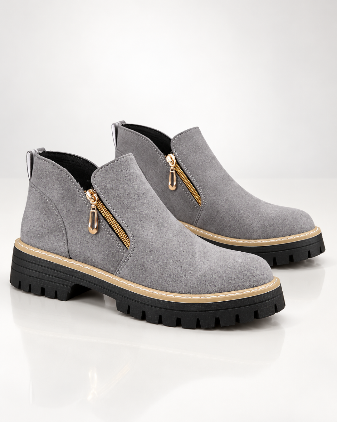 Women's gray suede boots side view — rugged — Angelina Ankle Boots — Oscar Blackwood