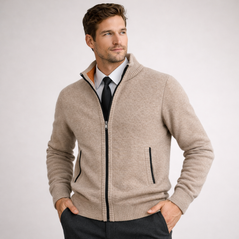Men's red knit cardigan close-up — cozy — Steward Zipper Cardigan — Oscar Blackwood