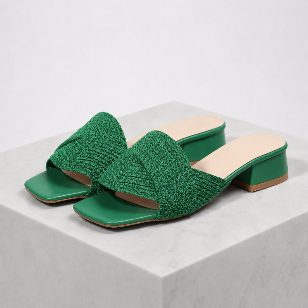 Women's green woven sandals back view — summer — Iris Woven Slide Sandals — Oscar Blackwood