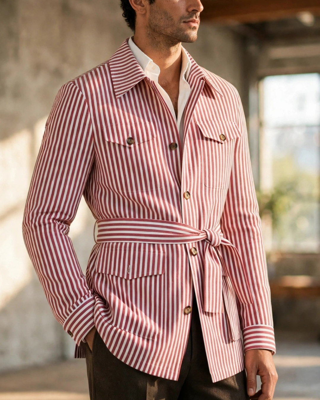 Men's striped jacket alternate angle — outerwear — Leo Vanderbilt Jacket — Oscar Blackwood